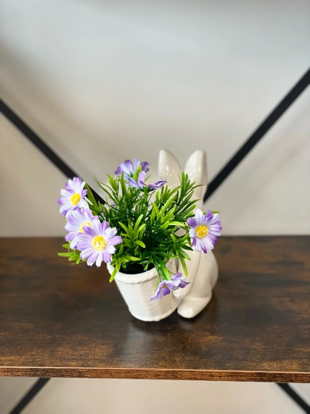 White Ceramic Bunny Vase with Purple Floral Accent - Home Accents